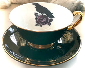 Beautiful Black Crow With Purple Roses Teacup, 8 Ounces, Food- and Dishwasher Safe.