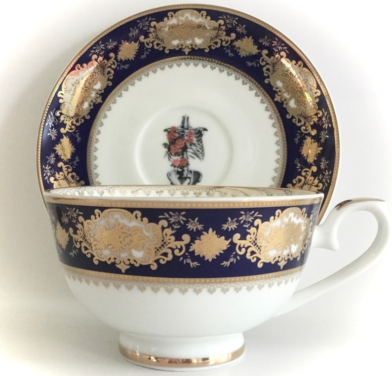 Raised Blue /& Gold Floral Rib Cage Plate Available Without Flowers or Teacup Set FREE SHIPPING Foodsafe Dishwasher Safe