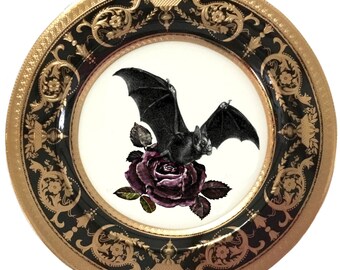 FREE SHIPPING - Stunning Black Bat or Moth/Crow/Cat on Purple Roses Plate or Cup and Saucer Set, 8oz. Raised Gold, Food-/Dishwasher Safe.