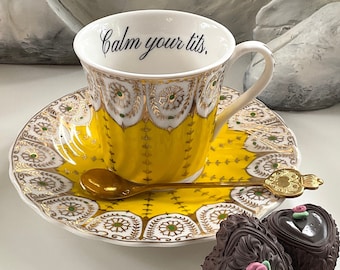 Calm down, girl! Amazing Yellow 7 ounce "Calm your tits" Teacup and Saucer Set with Spoon. Porcelain, Foodsafe and Durable.