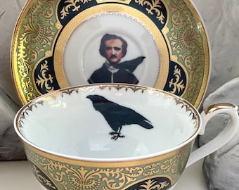 Green and Black Edgar Allan Poe Teacup and Saucer Set, 8 Ounces, or PLATE (10.5”/7.5”). Porcelain, Food- and Dishwasher Safe.