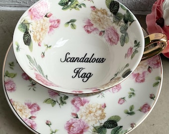 Precioso juego de taza de té y platillo con diseño floral verde oscuro, 8 oz, porcelana.