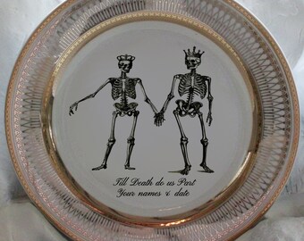 Foodsafe Skeleton Wedding Couple PlatesSkeleton Bride & Groom, Gold Silver, Skeleton Plate, Wedding Plate, Wedding China, Goth Wedding