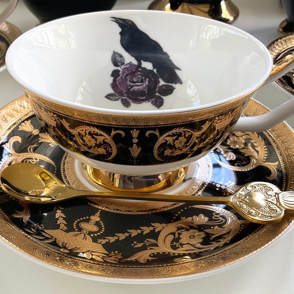 Black and Gold Porcelain Bat, Cat, Moth or Crow Teacup and Saucer Set (7 oz)