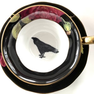 FREE SHIPPING-Beautiful Black Crow Teacup, 8 Ounces, Black Rose Design. Food- and Dishwasher Safe.