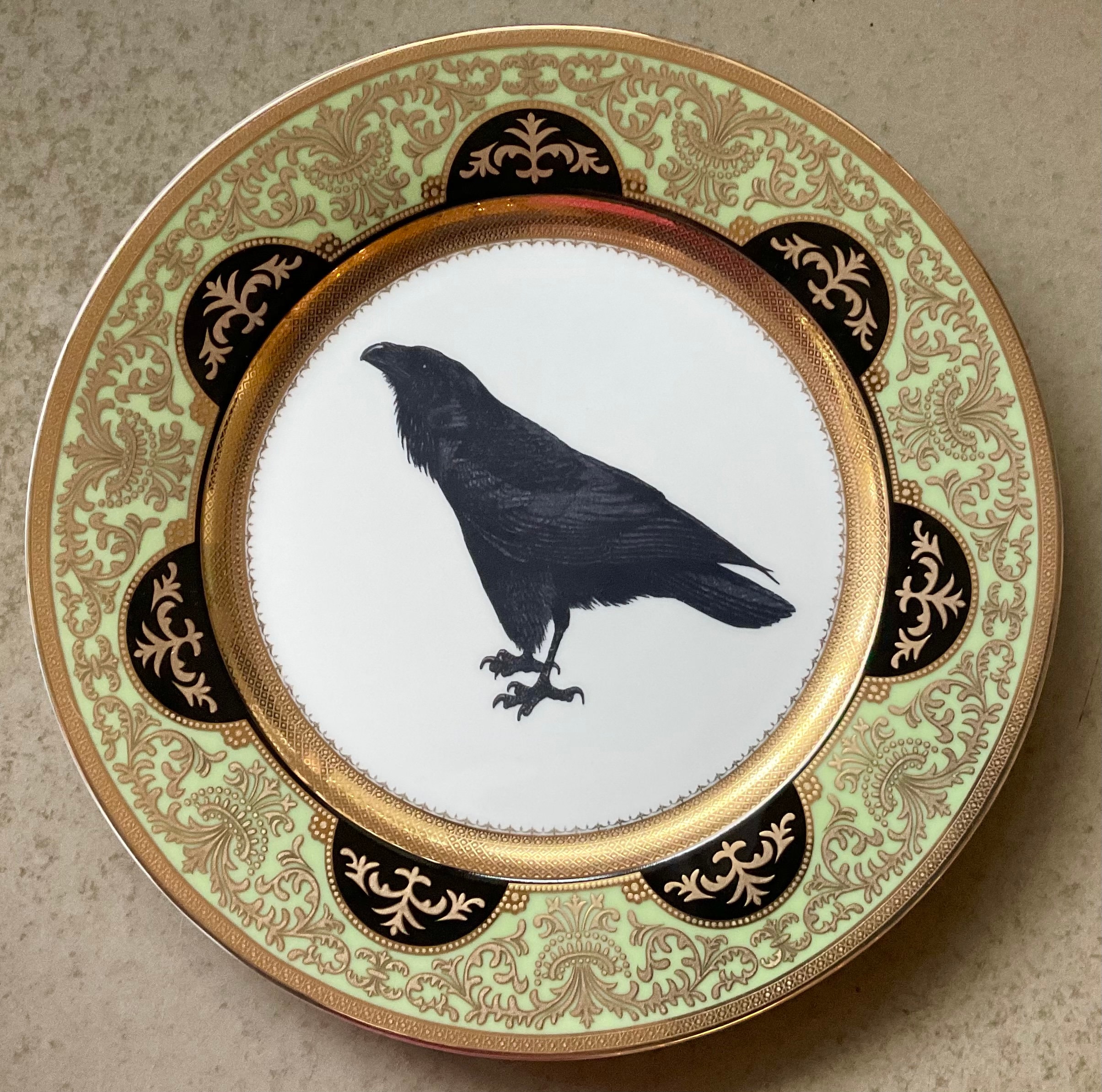 Green, Black and Gold Raven Plate / Crow Plate (10.5” or 7.5”) or Cup and Saucer (8 ounce Capacity) Set, Porcelain. Foodsafe and Durable.