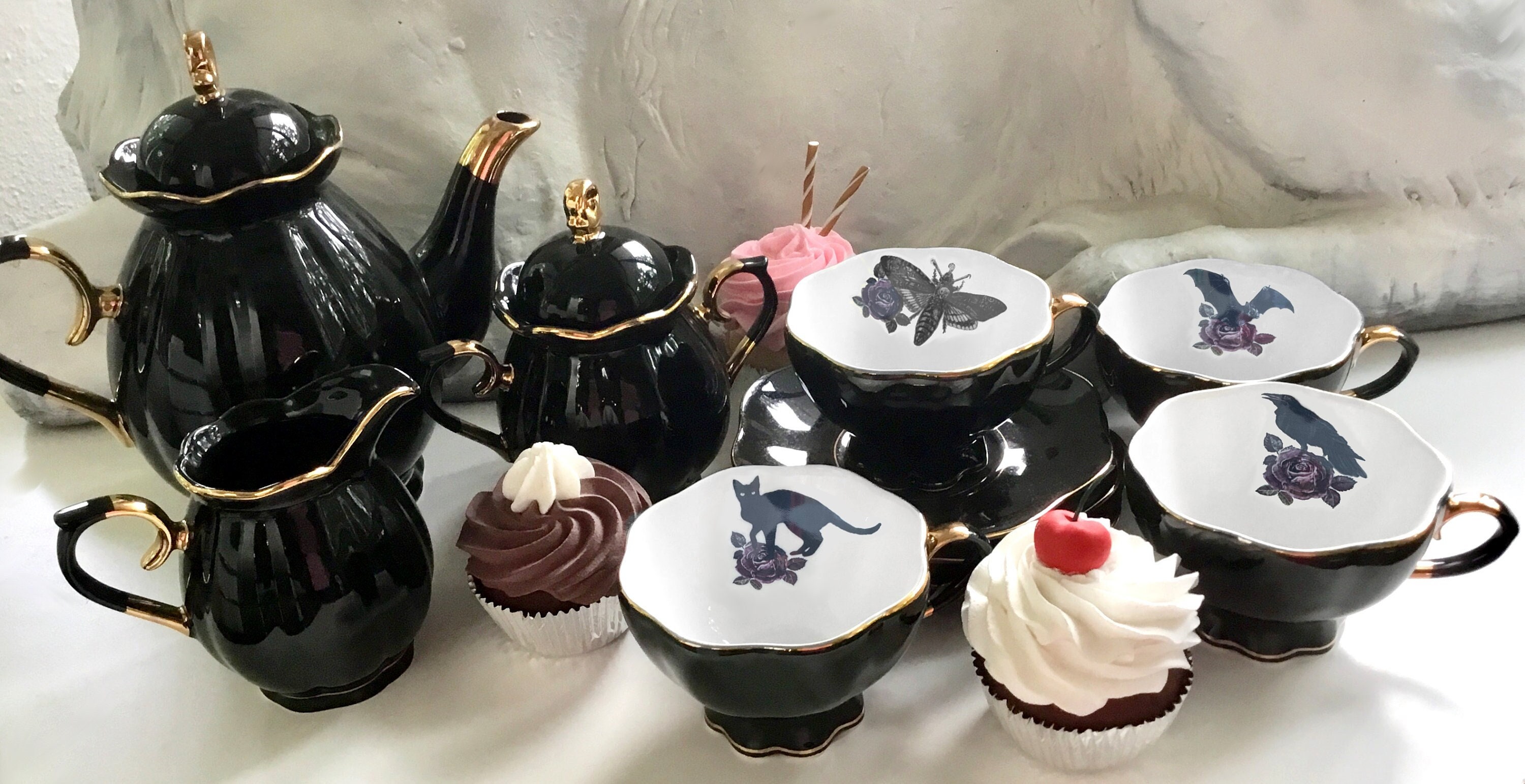 Black & Gold Halloween Tea Set with spoons, Bat/Cat/Crow/Moth