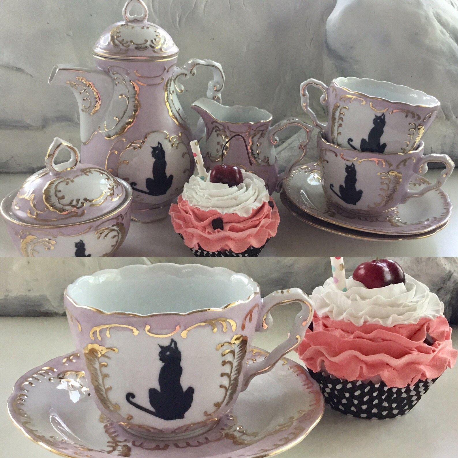 Green or Pink & Gold Cat Tea Set 7 Pieces Cat Teacups Etsy