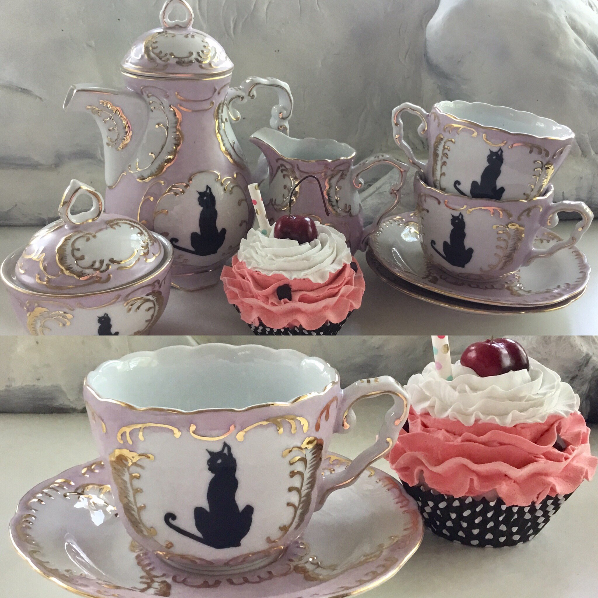 Green or Pink & Gold Cat Tea Set 7 Pieces Cat Teacups Etsy