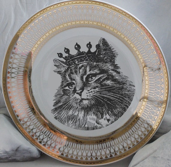 Gold or Silver Cat Plate, Cat Dinnerware Dish, Formal Tableware