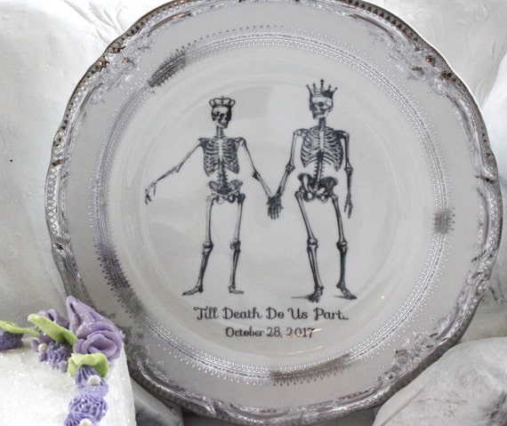 Foodsafe Skeleton Wedding Couple Plates, Skeleton Bride & Groom, Gold Silver, Skeleton Plate, Wedding Plate, Wedding China, Goth Wedding