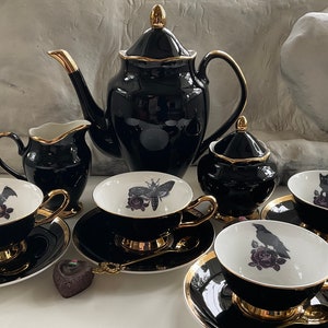 Gorgeous Black and Gold Tea Set with Purple Rose Design, Bat, Cat, Crow and Cat, Porcelain