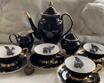 Gorgeous Black and Gold Tea Set with Purple Rose Design, Bat, Cat, Crow and Cat, Porcelain