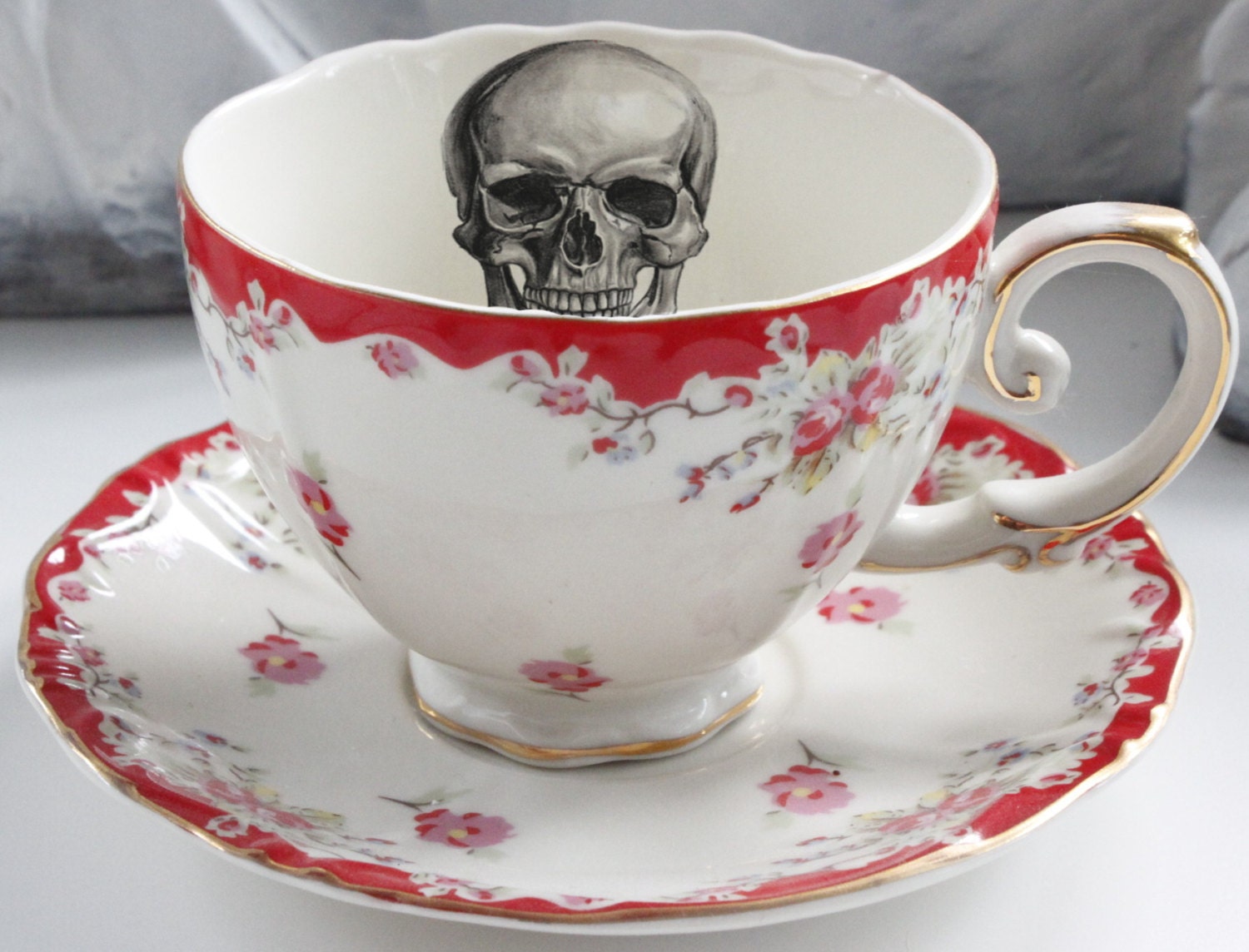 Red Floral Skull OR CUSTOM Teacup Flower Teacup Skull Tea Etsy