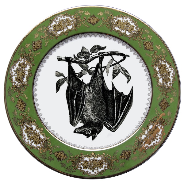 FREE SHIPPING-Raised Gold Moss Green Bat Plate, Dinner or Salad Size, Customizable, Durable & Foodsafe.