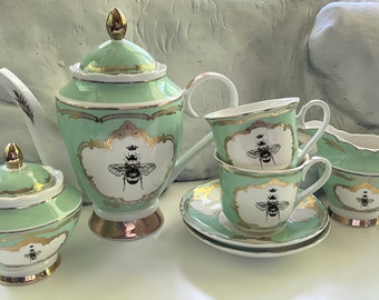 Porcelain Queen Bee Tea Set, Vegan Bone China. Food Safe and Durable.