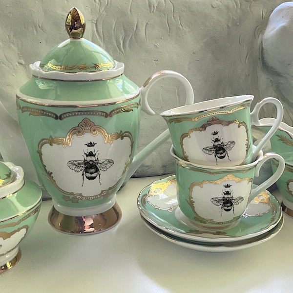 Porcelain Queen Bee Tea Set, Vegan Bone China. Food Safe and Durable.