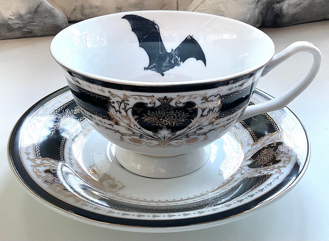 Beautiful Black Bat Teacup and Saucer Set, 8 Ounces, Food Safe and