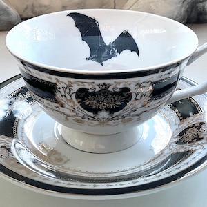 Beautiful Black Bat Teacup and Saucer Set, 8 Ounces, Food Safe and ...
