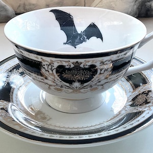 Beautiful Black Bat Teacup and Saucer Set, 8 Ounces, Food Safe and Durable, Porcelain.