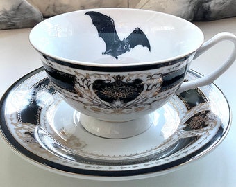 Magnifique ensemble de tasses à thé et soucoupes Black Bat, 8 onces, durables et sans danger pour les aliments, porcelaine.