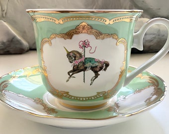 Blue, Green or Pink and Gold Unicorn Teacup & Saucer Set, 8 Ounces