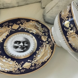 FREE SHIPPING-Gorgeous Dark Blue and Gold Moon Face Teacup and Saucer Set, Food- and Dishwasher Safe.