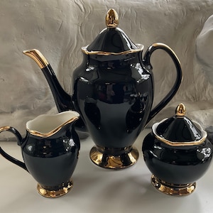 Gorgeous Black and Gold Tea Set with Black Rose Design, Bat, Cat, Crow and Eye Design, Halloween Tea Set, Porcelain. Food Safe & Durable. image 5