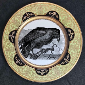 FREE SHIPPING-Stunning Raised Green and Gold Raven Salad Plate (7.5"), or Cup and Saucer Set (8 ounces)