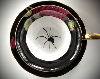 FREE SHIPPING-Beautiful Black Spider Teacup, 8 Ounces, Black Rose Design. Food- and Dishwasher Safe, Porcelain.