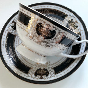 Beautiful Black Crow Teacup and Saucer Set, 8 Ounces, Food Safe and Durable, Porcelain. image 2