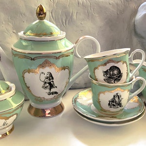 7 or 11-Piece Alice in Wonderland Tea Set in Pink, Blue or Green and Gold. Durable, Food Safe.