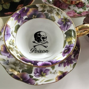 Beautiful Pansy “Poison” Teacup, 8 Ounces. Poison Teacup, Funny Teacup, Pansy Teacup, Skull Crossbones Teacup, Food- and Dishwasher Safe.
