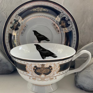 Beautiful Black Crow Teacup and Saucer Set, 8 Ounces, Food Safe and Durable, Porcelain. image 5
