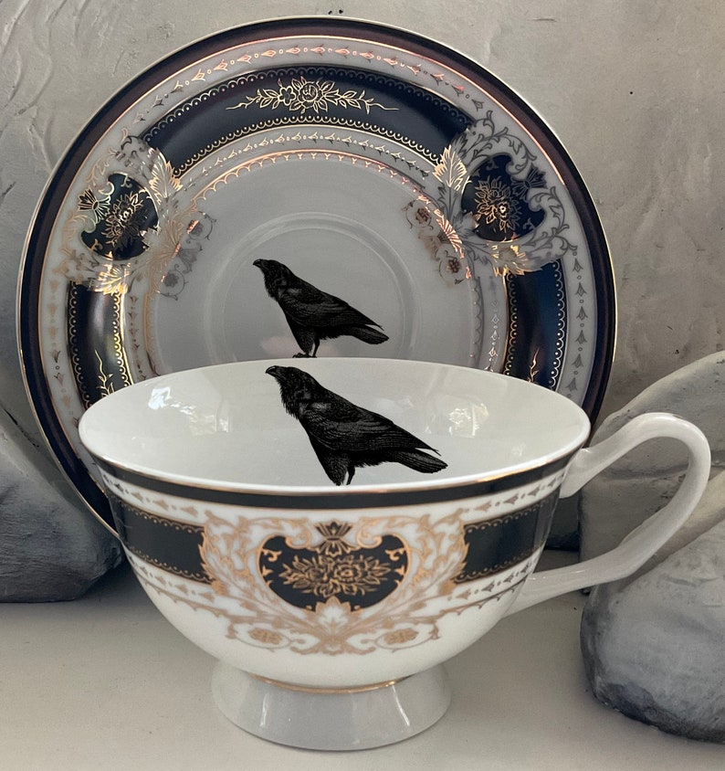 Beautiful Black Crow Teacup and Saucer Set, 8 Ounces, Food Safe and Durable, Porcelain. image 5