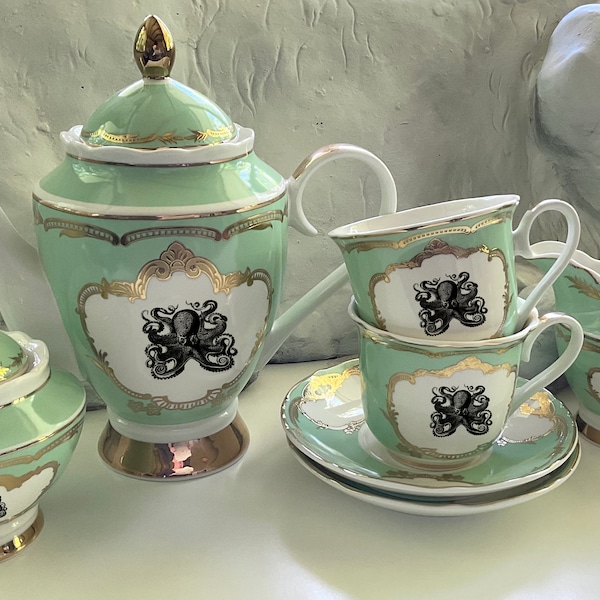 Green, Blue, or Pink Porcelain Octopus Tea Set, Food Safe and Durable. Vegan Bone China.