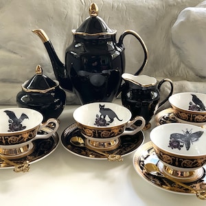 Black Gold Tea Set with Purple Rose Design. Porcelain, Food Safe, Durable.