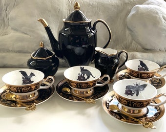 Black Gold Tea Set with Purple Rose Design. Porcelain, Food Safe, Durable.