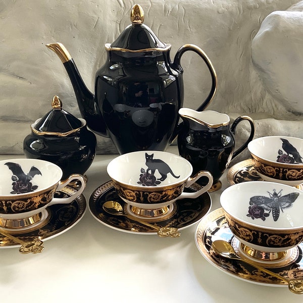 Black Gold Tea Set with Purple Rose Design. Porcelain, Food Safe, Durable.