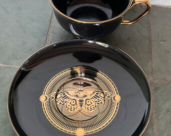 ONE AVAILABLE - Vintage Gold Moth Teacup and Saucer Set, 14 Ounces. Porcelain.
