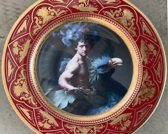 Red and Gold "Faun and Peacock" Dinner Plate, 10.5". Food Safe and Durable, made of Porcelain.