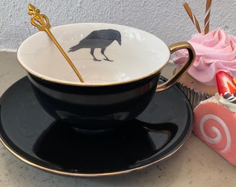 NEW JUMBO SIZE! Raven Tea Cup /Coffee Cup and Saucer Set, 14 Ounces. Gold and Black, Porcelain. Customizable.