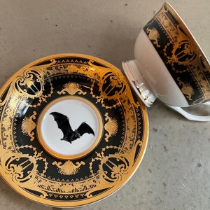 Black and Gold Bat Teacup and Saucer Set 7 Ounces. Food Safe and Durable. 2