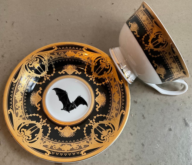 Black and Gold Bat Teacup and Saucer Set 7 Ounces. Food Safe and Durable. 2