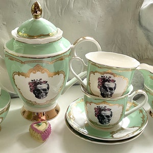 7- or 11-Piece Rose Skull Tea Set, Vegan Bone China. Available in Pink, Blue or Green.