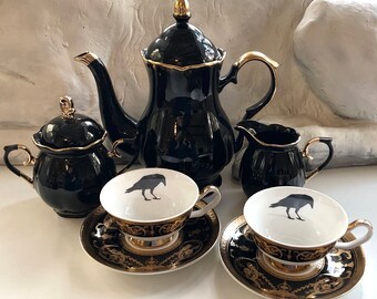 LARGER TEAPOT - Black & Gold Bat and Raven Tea Set, Porcelain, Food Safe and Durable. Customizable