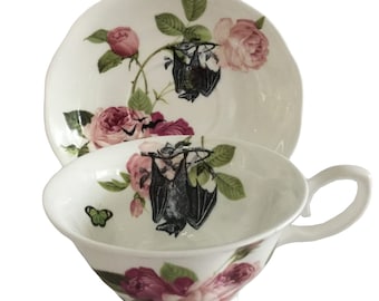 Adorable Rose / Floral Bat Teacup and Saucer Set, 8 Ounces, Food- and Dishwasher Safe. Halloween Teacup, Bat Teacup, Bat Tea Set