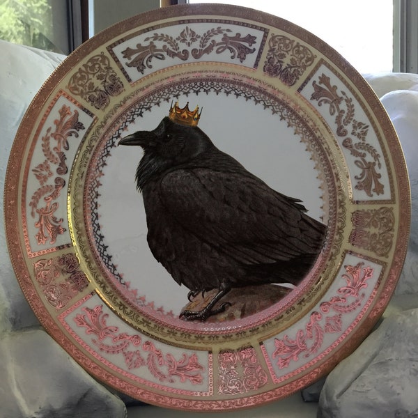 Gold Crow Plate / Raven Plate, Dinner or Salad Size, Customizable, Durable & Foodsafe, Raven Tableware, Raven Dish, Raven China, Crow Teacup