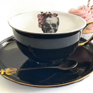 SMALL IMPERFECTIONS Rose Skull Tea Cup /Coffee Cup and Saucer Set, 14 Ounces. Gold and Black, Porcelain. image 1