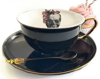 SMALL IMPERFECTIONS - Rose Skull Tea Cup /Coffee Cup and Saucer Set, 14 Ounces. Gold and Black, Porcelain.